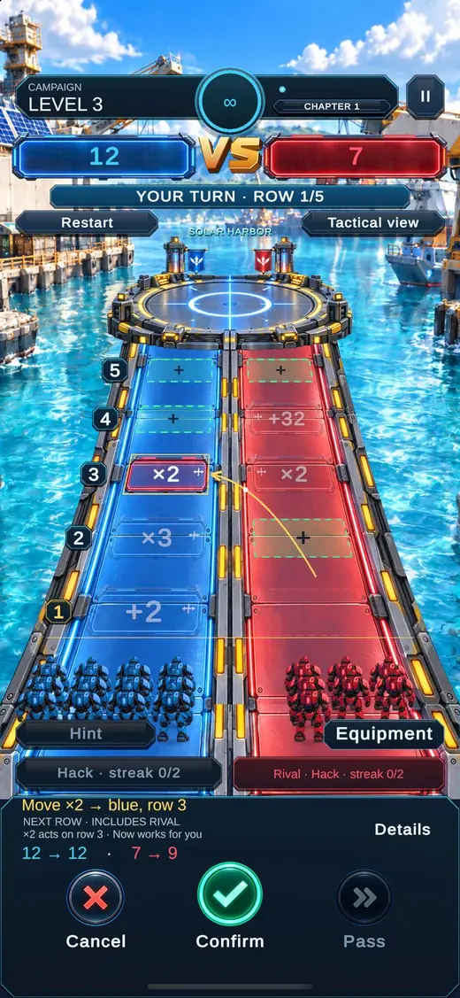 Board with two lanes and ×2, ×3, +2 and +32 gates